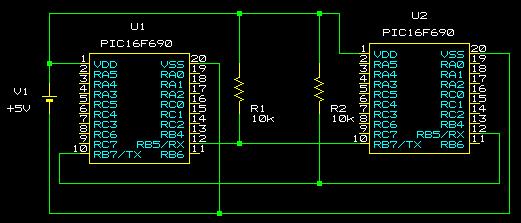 PIC16F690のUARTを相互接続した場合の回路図