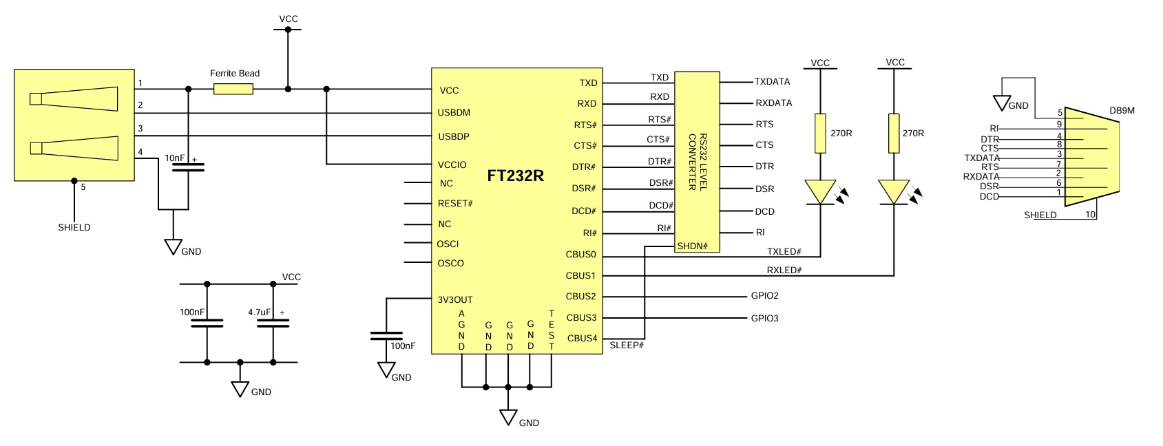 USB-RS232C用FT232RLの回路例