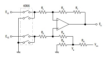 オペアンプの単電源での入力オフセット補正回路図